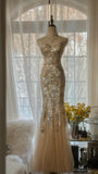Ndyad Light Champagne Sweetheart Neck Tulle Sequin Mermaid Long Prom Dresses Elegant Party Dress HZ1024