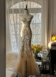 Ndyad Light Champagne Sweetheart Neck Tulle Sequin Mermaid Long Prom Dresses Elegant Party Dress HZ1024