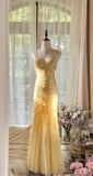 Ndyad Butter Yellow Mermaid Spaghetti Straps Tulle Sequin Long Prom Dresses Vintage Backless Evening Gowns HZ1024
