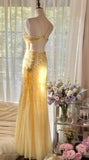 Ndyad Butter Yellow Mermaid Spaghetti Straps Tulle Sequin Long Prom Dresses Vintage Backless Evening Gowns HZ1024