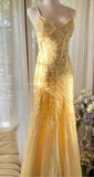 Ndyad Butter Yellow Mermaid Spaghetti Straps Tulle Sequin Long Prom Dresses Vintage Backless Evening Gowns HZ1024