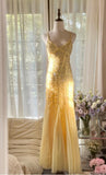 Ndyad Butter Yellow Mermaid Spaghetti Straps Tulle Sequin Long Prom Dresses Vintage Backless Evening Gowns HZ1024