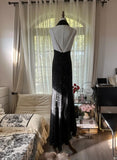Ndyad Black and White High Waist Scoop Neck Beaded Chiffon Prom Dresses, Vintage Evening HZ1024