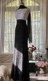 Ndyad Black and White High Waist Scoop Neck Beaded Chiffon Prom Dresses, Vintage Evening HZ1024