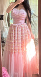 Ndyad Pink Tulle Layered A-line Strapless Birthday Prom Dresses Formal Evening Gowns HZ1024