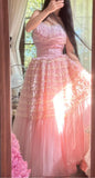 Ndyad Pink Tulle Layered A-line Strapless Birthday Prom Dresses Formal Evening Gowns HZ1024