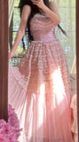 Ndyad Pink Tulle Layered A-line Strapless Birthday Prom Dresses Formal Evening Gowns HZ1024