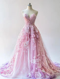 Ndyad Pink Purple Gradient Sweetheart Neck A-Line Tulle Applique Long Prom Dresses Unique Wedding Dress HZ1024
