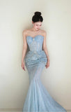 Ndyad Light Blue Mermaid Sweetheart Neck Tulle Beaded Long Prom Dresses Sweet Formal Evening Dresses HZ1024