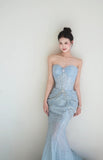 Ndyad Light Blue Mermaid Sweetheart Neck Tulle Beaded Long Prom Dresses Sweet Formal Evening Dresses HZ1024