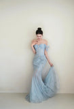 Ndyad Light Blue Mermaid Sweetheart Neck Tulle Beaded Long Prom Dresses Sweet Formal Evening Dresses HZ1024