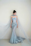 Ndyad Light Blue Mermaid Sweetheart Neck Tulle Beaded Long Prom Dresses Sweet Formal Evening Dresses HZ1024