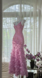 Ndyad Pink Purple Spaghetti Straps Satin Beading Long Prom Dress Retro Backless Evening Gowns HZ1024