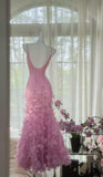 Ndyad Pink Purple Spaghetti Straps Satin Beading Long Prom Dress Retro Backless Evening Gowns HZ1024