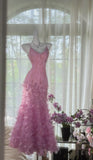 Ndyad Pink Purple Spaghetti Straps Satin Beading Long Prom Dress Retro Backless Evening Gowns HZ1024