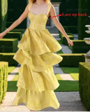 Ndyad Butter Yellow Sweetheart Neck A-Line Jacquard Satin Layered Long Prom Dresses Formal Evening Dress HZ1024