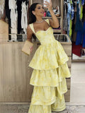 Ndyad Butter Yellow Sweetheart Neck A-Line Jacquard Satin Layered Long Prom Dresses Formal Evening Dress HZ1024