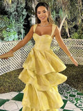 Ndyad Butter Yellow Sweetheart Neck A-Line Jacquard Satin Layered Long Prom Dresses Formal Evening Dress HZ1024