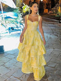 Ndyad Butter Yellow Sweetheart Neck A-Line Jacquard Satin Layered Long Prom Dresses Formal Evening Dress HZ1024