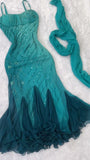 Ndyad Gradient Emerald Green Spaghetti Straps Chiffon Beaded Mermaid Short Prom Dresses Vintage Evening Dress HZ1024