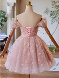 Ndyad Off Shoulder Tulle Lace Pink Short Prom Dress, Pink Homecoming Dress HZ1024