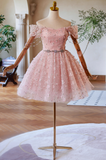 Ndyad Off Shoulder Tulle Lace Pink Short Prom Dress, Pink Homecoming Dress HZ1024