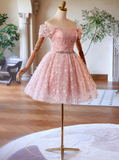 Ndyad Off Shoulder Tulle Lace Pink Short Prom Dress, Pink Homecoming Dress HZ1024