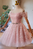 Ndyad Off Shoulder Tulle Lace Pink Short Prom Dress, Pink Homecoming Dress HZ1024