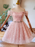 Ndyad Off Shoulder Tulle Lace Pink Short Prom Dress, Pink Homecoming Dress HZ1024