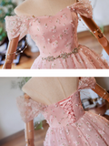 Ndyad Off Shoulder Tulle Lace Pink Short Prom Dress, Pink Homecoming Dress HZ1024