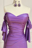 Ndyad Purple Sweetheart Satin Pleated Sheath Silt Prom Dresses Elegant Formal Evening Gowns HZ1024