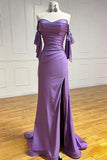 Ndyad Purple Sweetheart Satin Pleated Sheath Silt Prom Dresses Elegant Formal Evening Gowns HZ1024