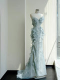 Ndyad Neck Mermaid Tulle Sequins Elegant Long Prom Dresses Exquisite Embroidery Applique Train Wedding Dress HZ1024