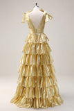 Ndyad Gold V-neck Glitter Satin Layered A-Line Prom Dresses Sweet Formal Evening Dress HZ1024