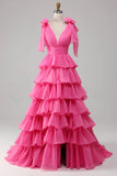 Ndyad Gold V-neck Glitter Satin Layered A-Line Prom Dresses Sweet Formal Evening Dress HZ1024