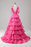 Ndyad Gold V-neck Glitter Satin Layered A-Line Prom Dresses Sweet Formal Evening Dress HZ1024