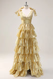 Ndyad Gold V-neck Glitter Satin Layered A-Line Prom Dresses Sweet Formal Evening Dress HZ1024