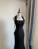 Ndyad Black Square Neck Mermaid Beaded Long Prom Dresses Formal Evening Dress HZ1024