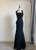 Ndyad Black Square Neck Mermaid Beaded Long Prom Dresses Formal Evening Dress HZ1024