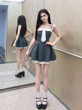 Ndyad style stitching suspender dress with bow waist short skirt HZ1024