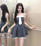 Ndyad style stitching suspender dress with bow waist short skirt HZ1024