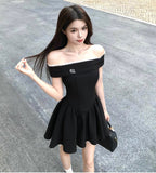 Ndyad style black off-shoulder dress summer short skirt HZ1024