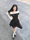 Ndyad style black off-shoulder dress summer short skirt HZ1024