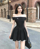 Ndyad style black off-shoulder dress summer short skirt HZ1024
