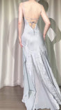 Ndyad Silver V-neck Satin Beaded Party Dresses Backless Sexy Prom Dresses HZ1024