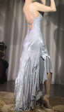 Ndyad Silver V-neck Satin Beaded Party Dresses Backless Sexy Prom Dresses HZ1024
