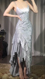 Ndyad Silver V-neck Satin Beaded Party Dresses Backless Sexy Prom Dresses HZ1024
