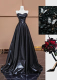 Ndyad Black Sweetheart Neck A-Line Satin Long Prom Dresses Formal Evening Gowns HZ1024