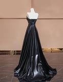 Ndyad Black Sweetheart Neck A-Line Satin Long Prom Dresses Formal Evening Gowns HZ1024