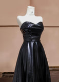 Ndyad Black Sweetheart Neck A-Line Satin Long Prom Dresses Formal Evening Gowns HZ1024